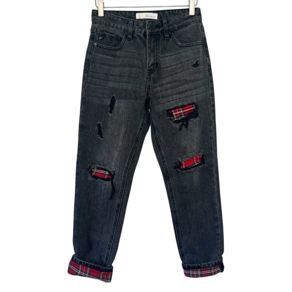 KanCan Women's 1/24 Black Denim High Rise Patchwork Distressed Boyfriend Jeans - Picture 4 of 12